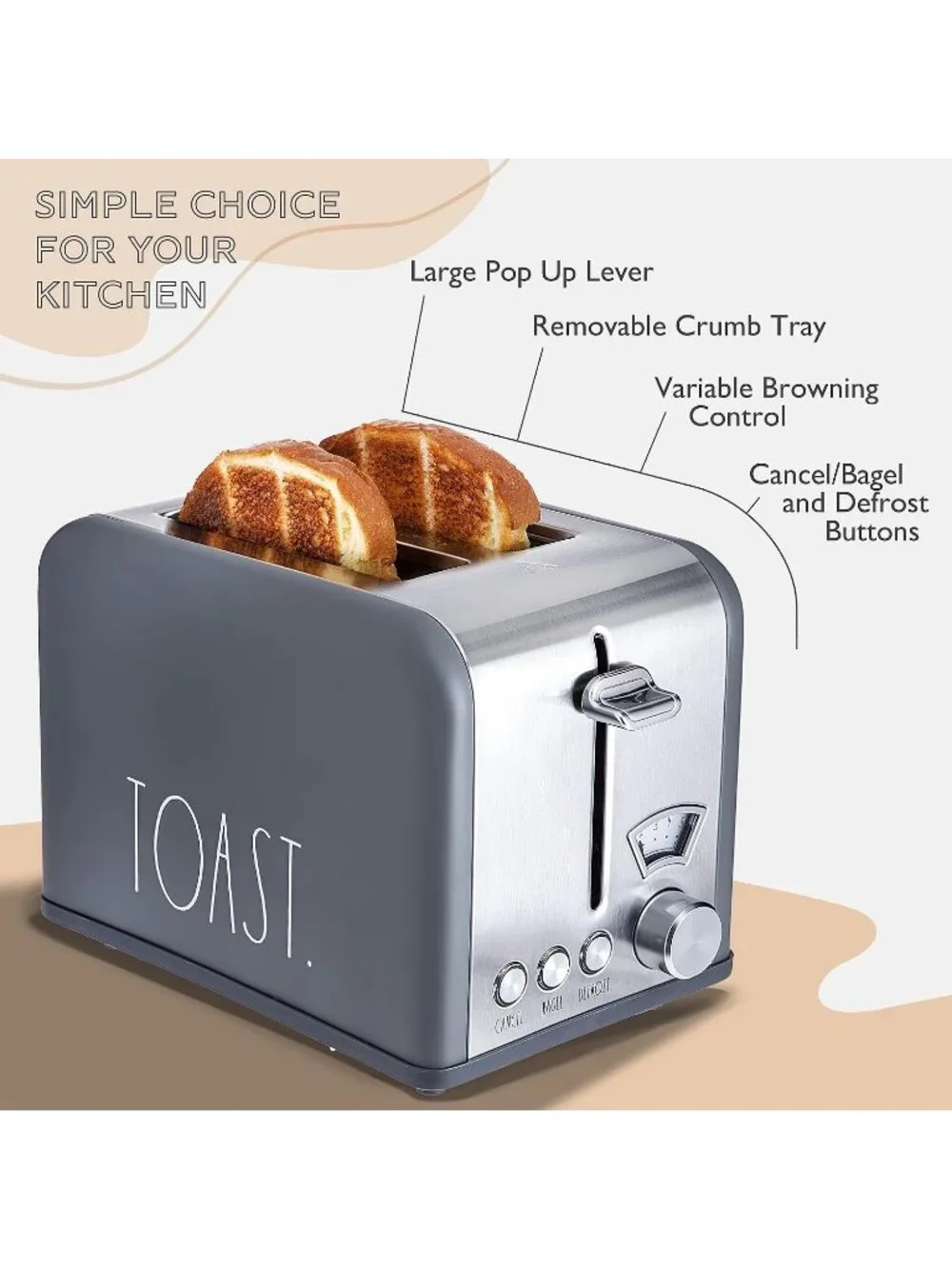 2 Slice Grey Wide Slot with 5 Browning Levels Stainless Steel Toaster Bagel